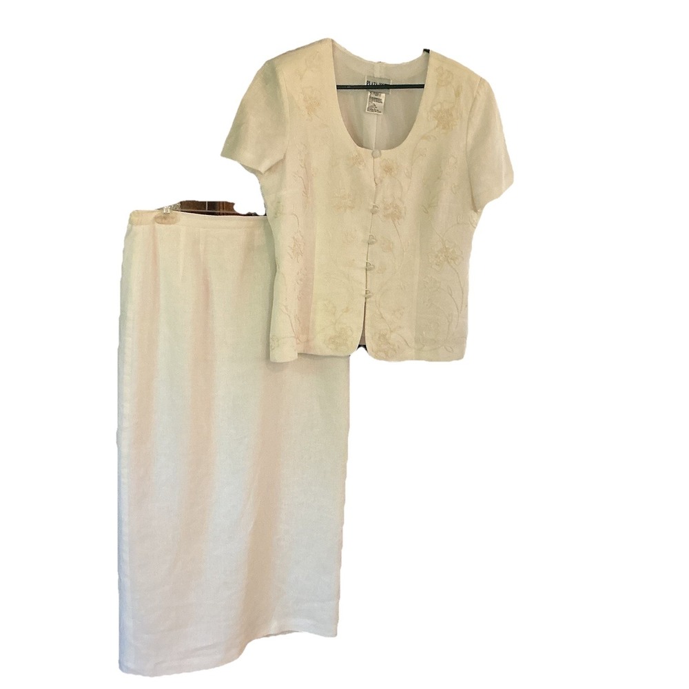 Plaza South 100% Linen White 2-pc Maxi Skirt Suit Embroidery Beading Size 14